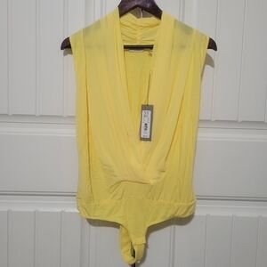 Sleeveless Thong Yellow Draped V-Neck Bodysuit - EVA MENDES